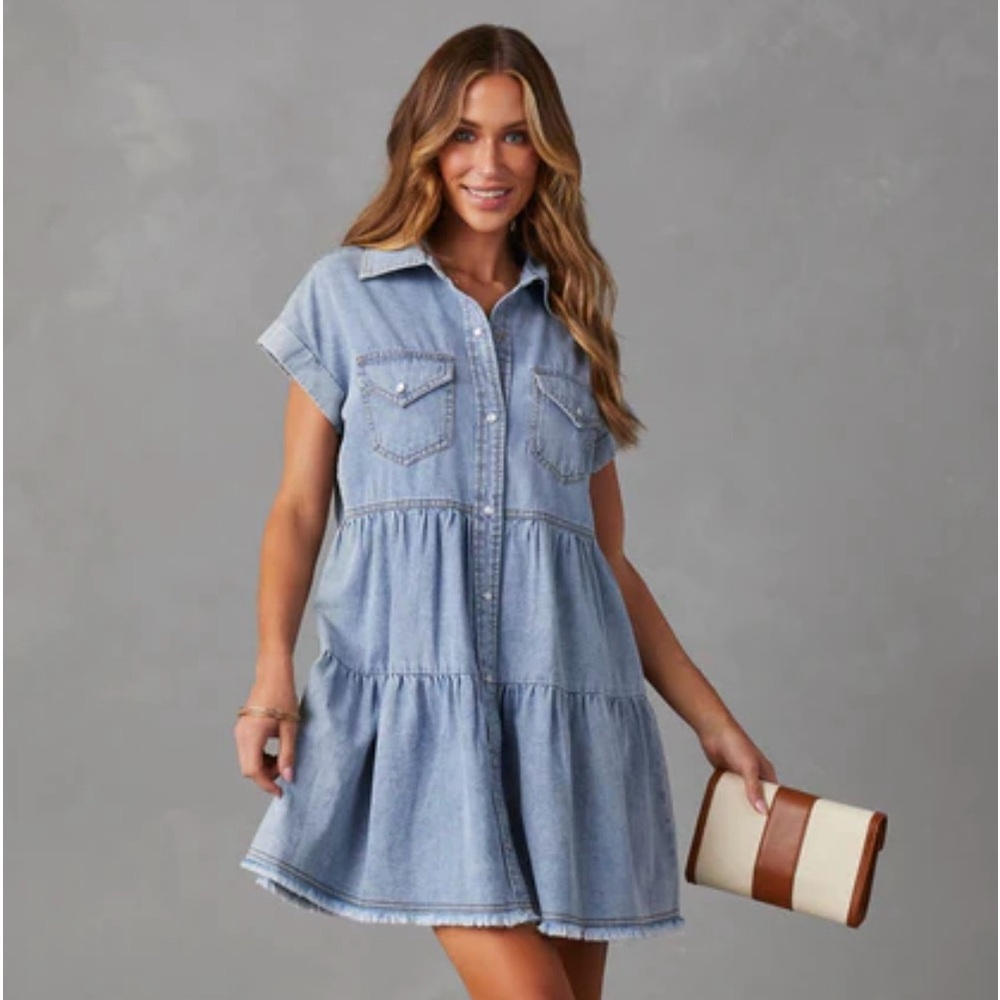 Sunol Tiered Button Down Chambray Denim Dress Size Small